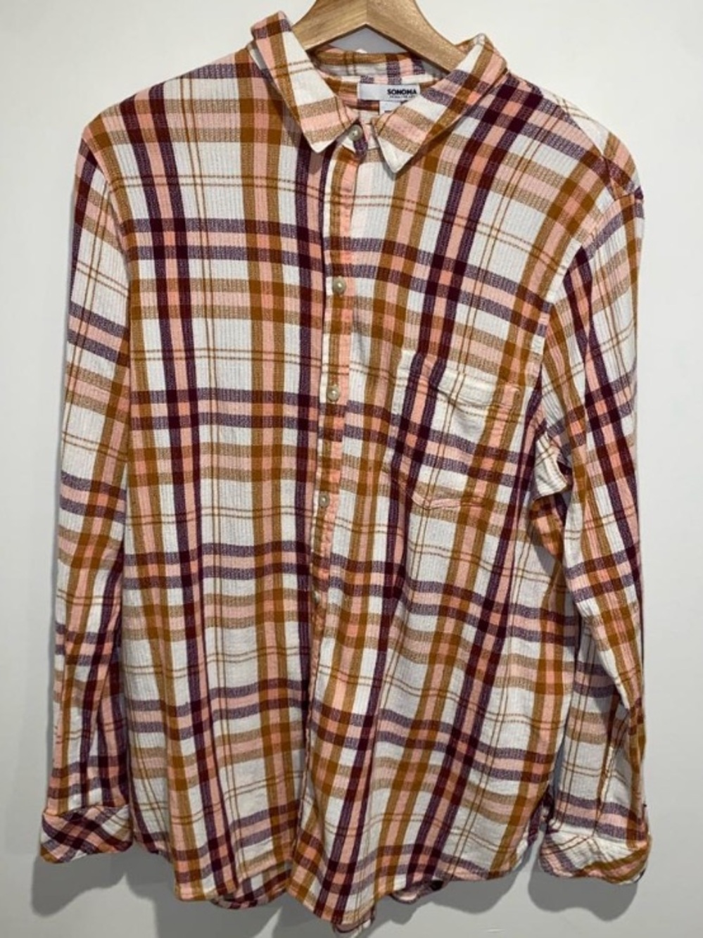 Sonoma Women’s Plaid Button-Down Shirt in White, Tan & Burgundy pre-owned